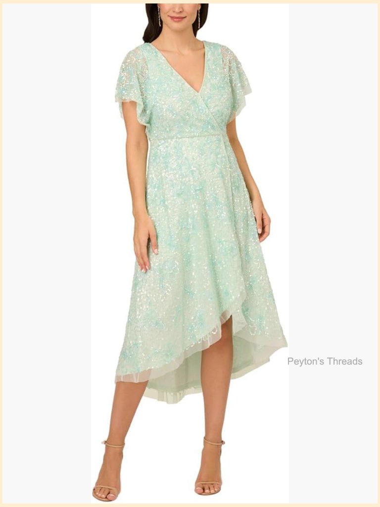Beaded Mesh Wrap Dress With Sequins - Formal Cocktail Midi